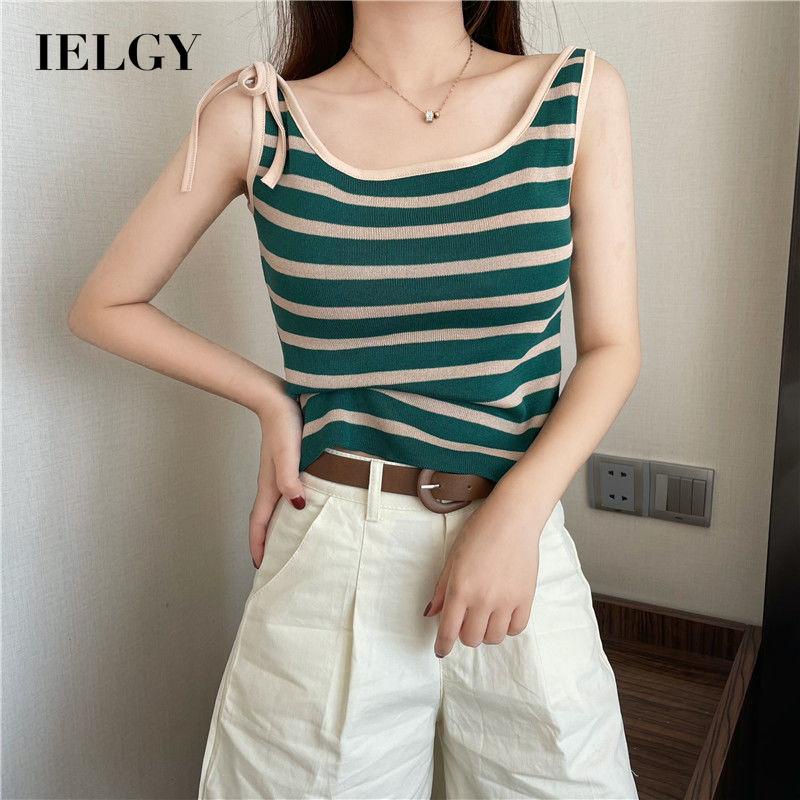 Áo dệt kim sát nách dáng ôm kẻ sọc phối dây thắt IELGY duyên dáng cho nữ