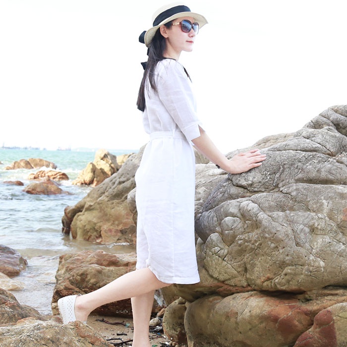 Đầm suông tay lỡ linen trẻ trung kèm đai dời - Trắng