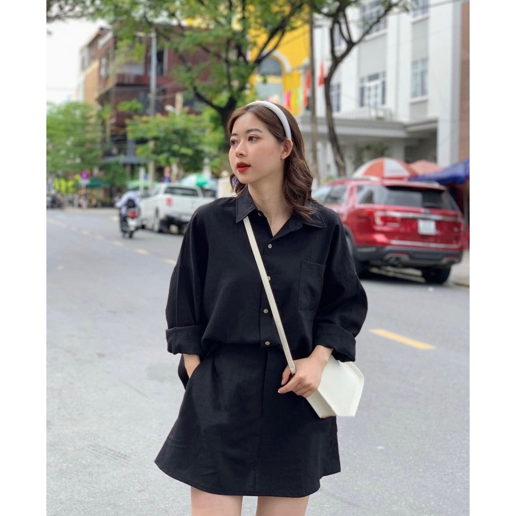 Set áo sơ mi tay dài phối chân váy chữ A chất đũi thun cực mát ba màu LOVI