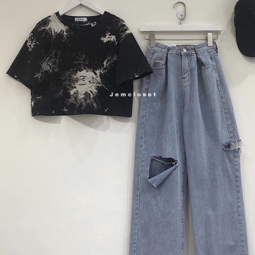 Áo Croptop Nữ Tay Ngắn JEMCLOSET Thiết Kế Form Rộng Thời Trang Thỏa Mái Loang Đen Và Trắng  VCC - 10096