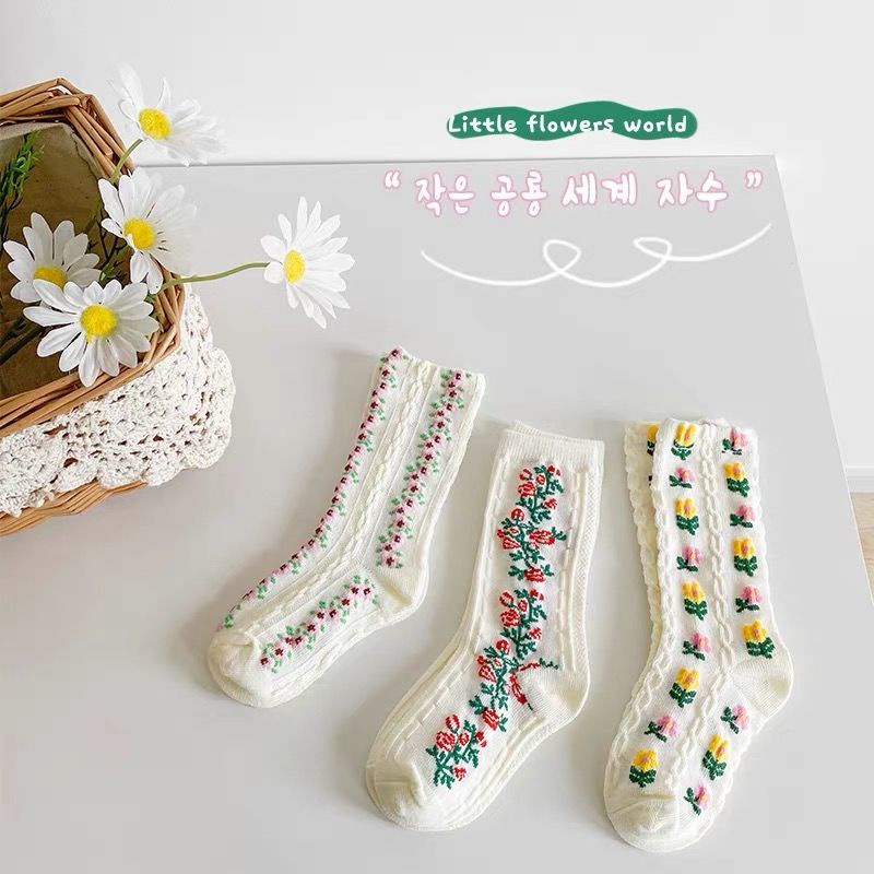 Vớ Cotton Trơn Màu Họa Tiết Hoa Phong Cách Hàn Quốc Thời Trang Thu Đông Dành Cho Bé Gái