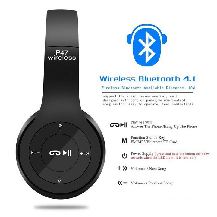tai nghe bluetooth P47 chụp tai bass đập cực mạnh, tai nghe không dây P47 có khe cắm thẻ nhớ