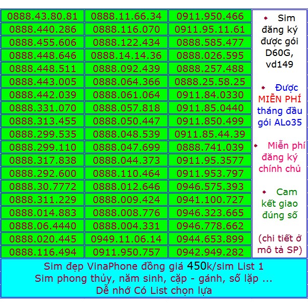 Sim Vina số đẹp 450k List 1 Miễn phí ĐK chính chủ Miễn phí gói ALO35 tháng đầu, ĐK được gói VD149-D60G...(xem ở chi tết)