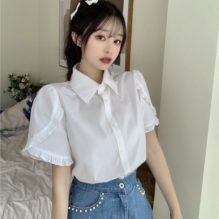 Áo sơ mi cho nữ màu trắng kiểu croptop có cổ tay bồng phong cách tiểu thư ...