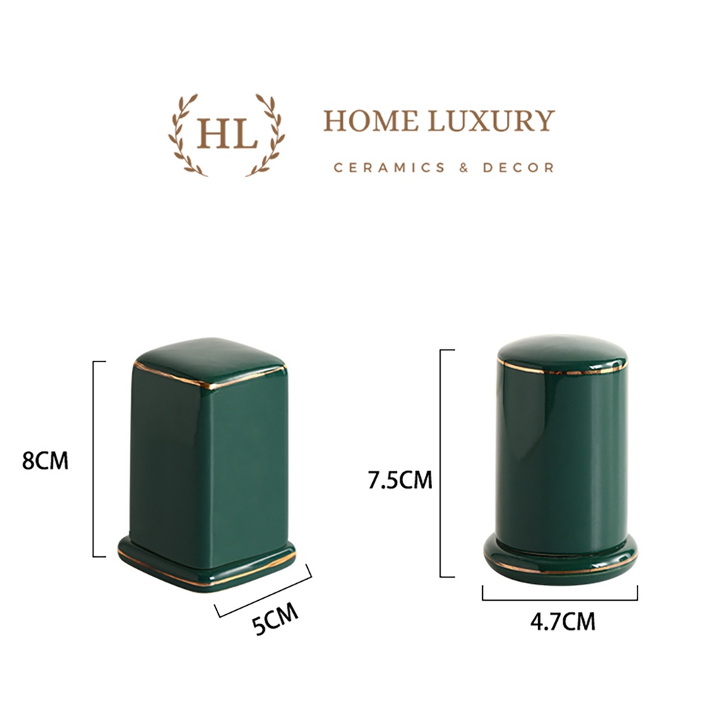 Lọ tăm sứ Xanh Bắc Âu | HŨ ĐỰNG TĂM TRE CÓ NẮP ĐẬY CHẤT LIỆU SỨ XƯƠNG CAO CẤP TRẮNG - XANH NGỌC BÍCH