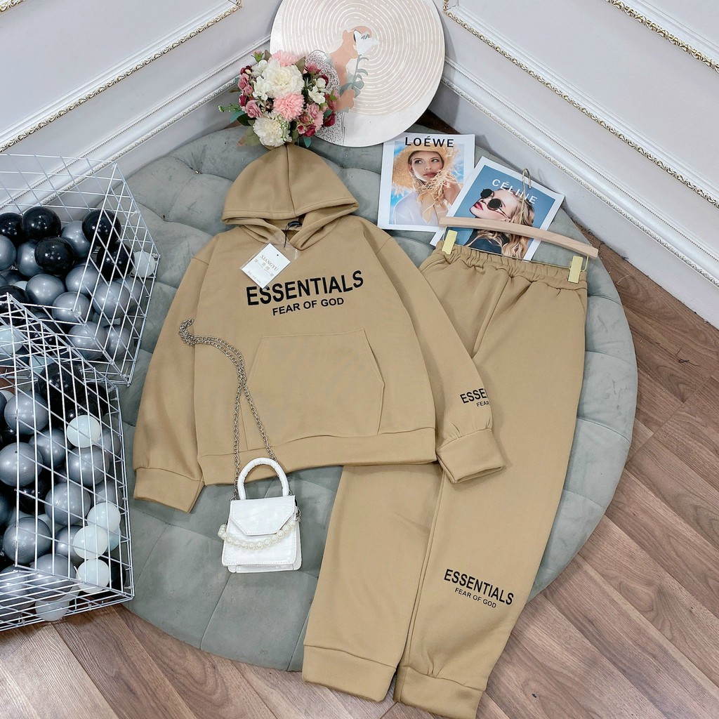 Set bộ nỉ mũ Essen dài tay  Set Áo Nỉ Mũ Kèm Quần Jogger Nữ In Hình 4 Màu