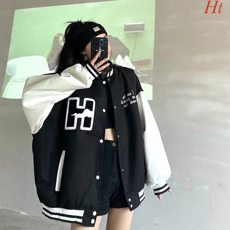 Áo khoác bomber nữ  in chữ H chất nỉ  áo khoác nỉ phối tay trắng
