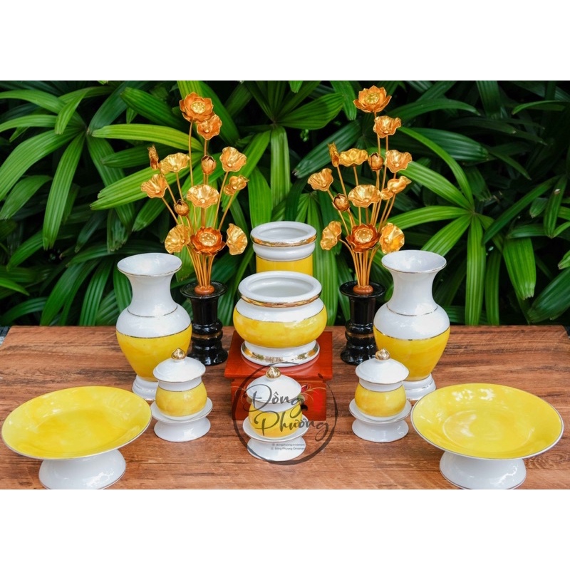 Bộ đồ thờ cúng thần tài thổ địa - Set đồ thờ phụng gia tiên Sứ Trắng Vân Vàng Cao Cấp