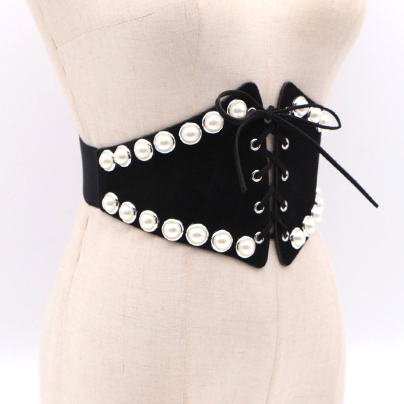 Thắt Lưng Nhung Bản Rộng Co Giãn Đính Ngọc Trai Thời Trang Cho Nữ