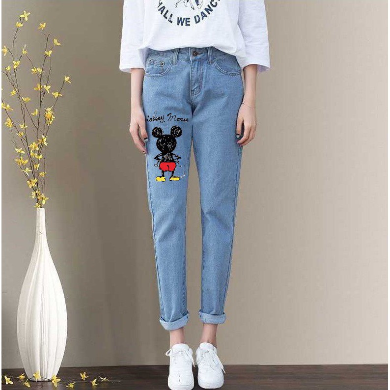 Quần jean baggy nữ in hình hoa cúc, mèo chuột con vật ngộ nghĩnh