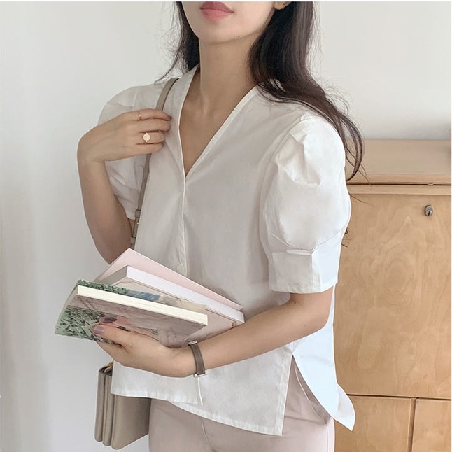 SUXI Áo Sơ Mi Tay Ngắn Cổ Chữ V Màu Trơn Phối Nút Đơn Giản Phong Cách Hàn Quốc Cho Nữ