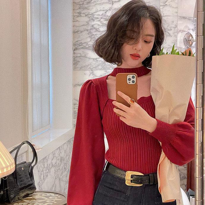 Áo Sweater Cổ Vuông Hở Lưng Màu Đỏ Phong Cách Nước Ngoài Thời Trang Thu Đông