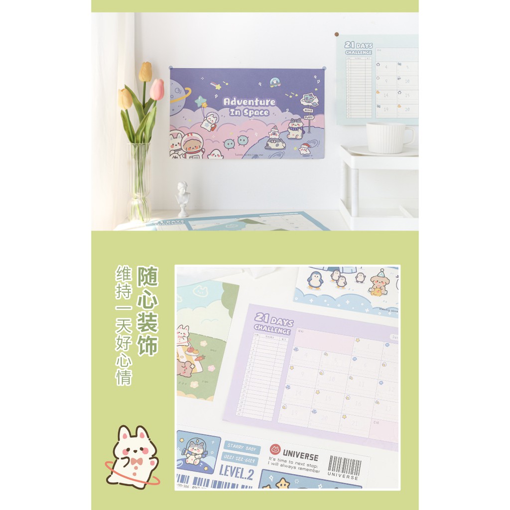 Poster dán tường 21 DAYS habit tracker ảnh dán tường cute dễ thương phụ kiện dồ dùng decor trang trí bàn học phòng ngủ