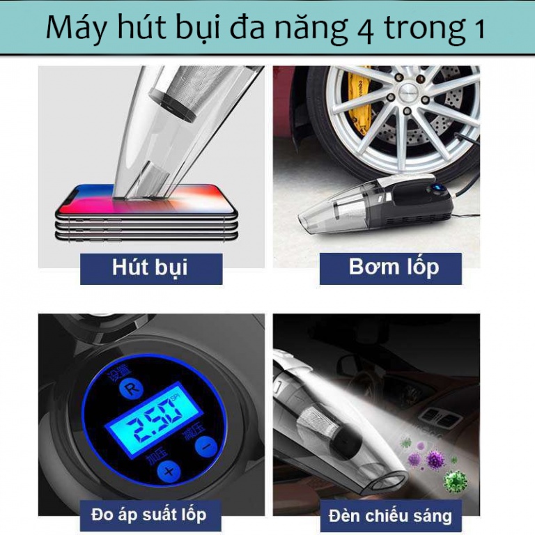 Máy hút bụi ô tô Aikesi Nhật Bản - Máy bơm lốp ô tô đa năng 4 trong 1 - Hút bụi, Bơm lốp, Đo áp suất lốp, Đèn pin TADACA