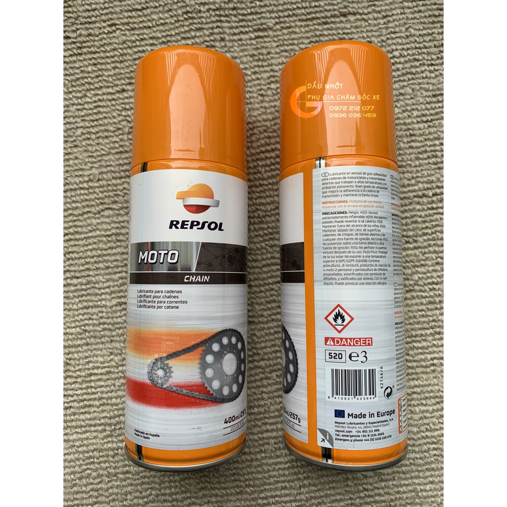 Dung dịch dưỡng xích, bôi trơn xích xe máy Repsol Chain Lube 400ml