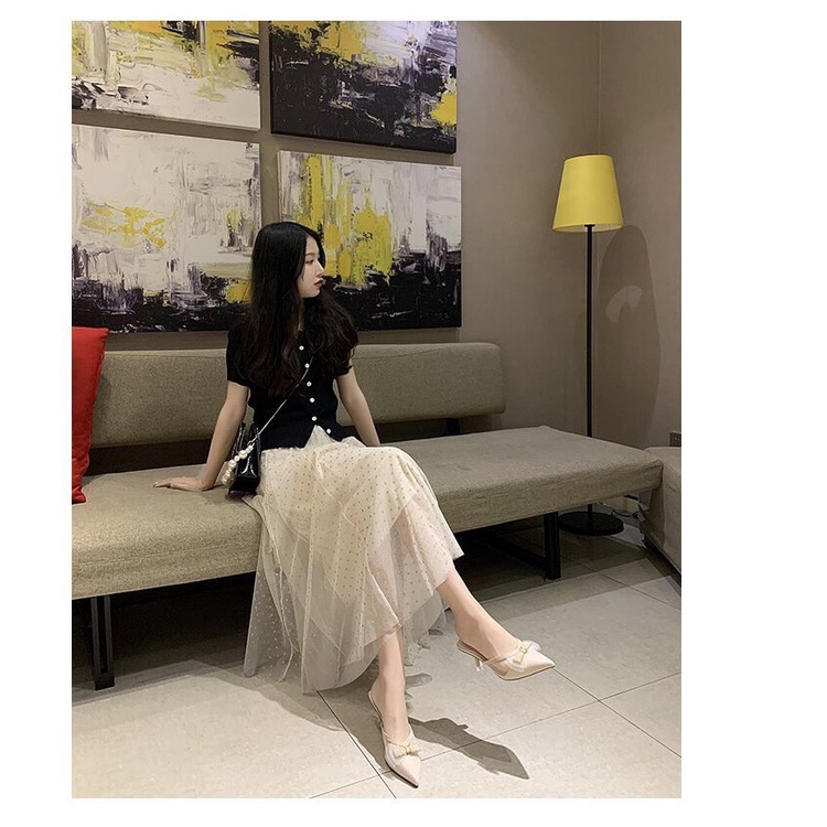 Guốc Zara mũi nhọn nơ ren 7p