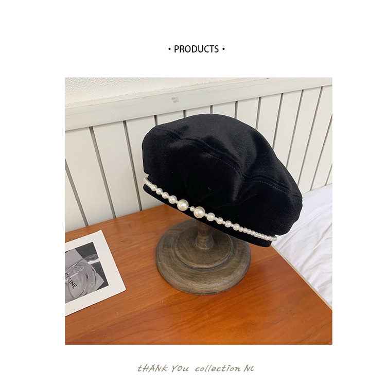 Mũ nồi beret đính hạt ngọc trai nhân tạo phong cách Hàn Quốc thanh lịch thời trang mùa thu dễ phối đồ dành cho nữ