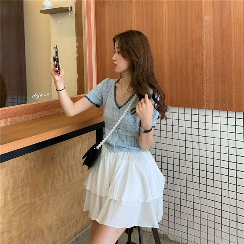 Áo Khoác Cardigan Dệt Kim Mỏng Dáng Rộng Tay Ngắn Cổ Chữ V Màu Sắc Tương Phản Thời Trang Cho Nữ