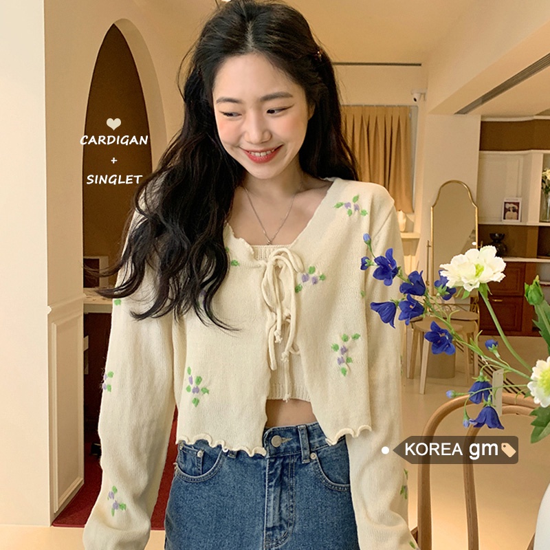 Set áo khoác cardigan ngắn len mỏng phong cách Hàn Quốc