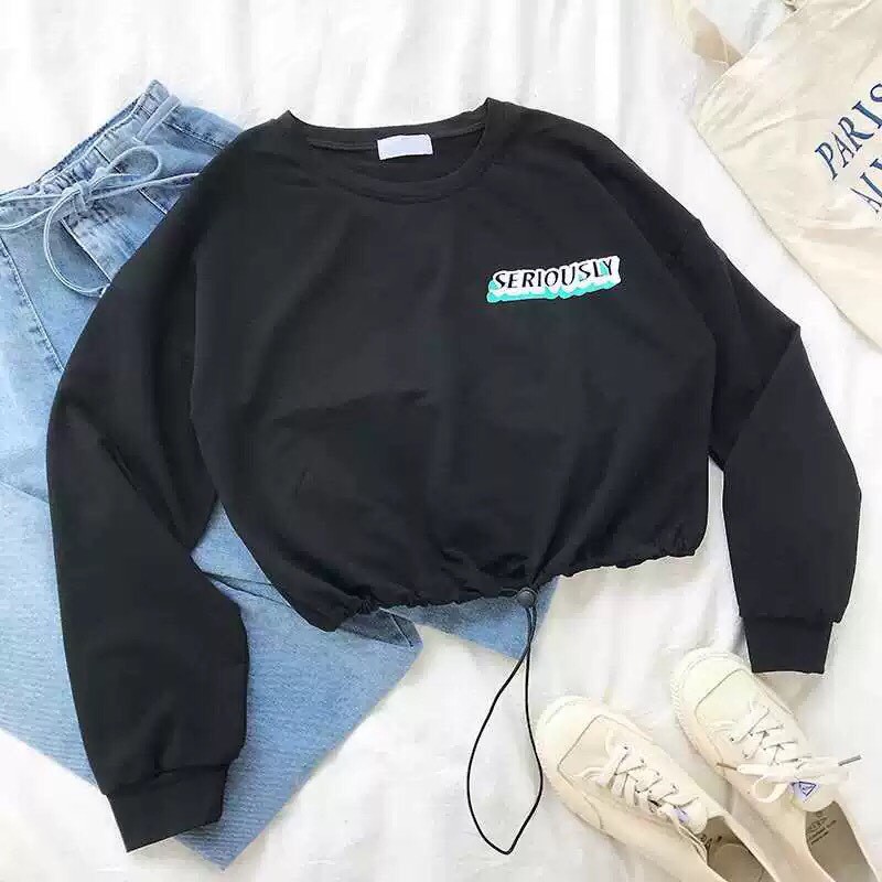 Áo Thun Tay Dài Form Croptop Phối Dây Rút Eo In Chữ SERIOULY Cá Tính TTSL0086