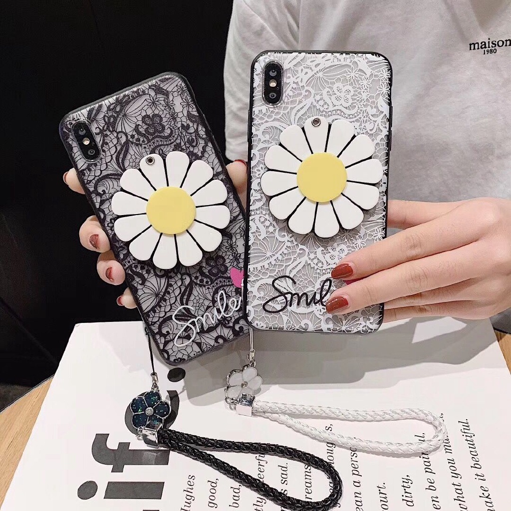 Ốp Điện Thoại Họa Tiết Ren Gắn Gương Hình Hoa Hướng Dương Cho iPhone 5 5S SE 6 6S 7 8 Plus XR X XS 13 12 Mini 11 Pro MAX