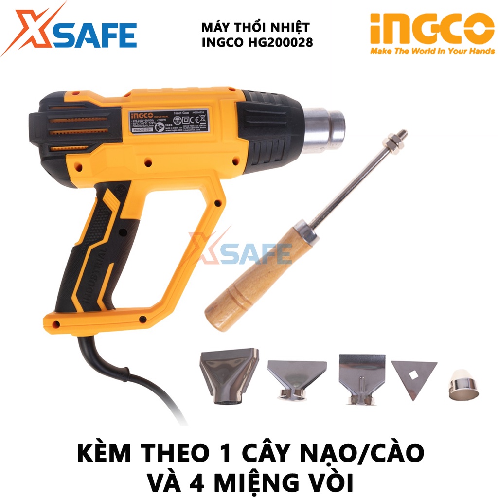 Máy khò nhiệt INGCO HG200028 2000W Máy thổi hơi nóng nhiệt độ 380-570 độ C, kèm 1 cây nạo/cào và 4 miệng vòi - [XSAFE]