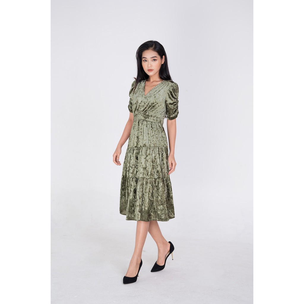 Đầm De Leah vải nhung xoè tay rút nhún co giãn nữ tính thời trang thiết kế