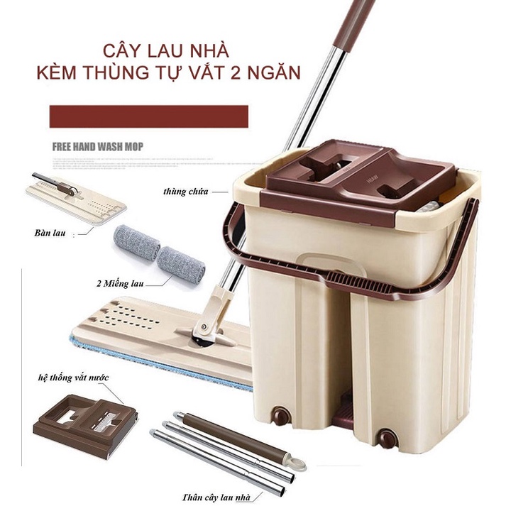 Bộ cây lau nhà tự vắt thông minh cao cấp 360 độ - Bộ cây chổi lau nhà kèm thùng tự gạt nước thông minh 2 ngăn cao cấp