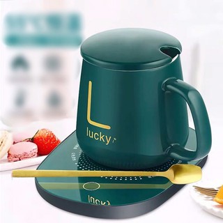 Cốc hâm nóng cao cấp bằng sứ kèm đế điện, Ly sứ kèm đế điện hâm nóng cafe, sữa, trà Tặng kèm thìa mạ vàng tiện lợi