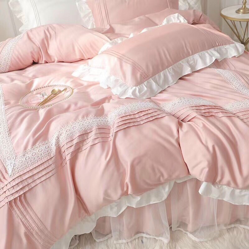 Bộ Chăn Ga Gối Cotton Lụa Bèo Ren Công Chúa Hàng Nhập Khẩu Cao Cấp 4 Món 4 Màu Nhẹ Nhàng