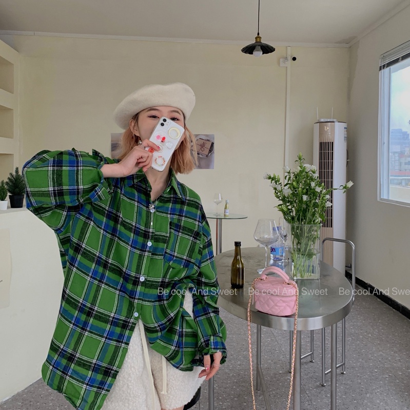 SUXI Áo Sơ Mi Nữ Tay Dài Dáng Rộng Họa Tiết Caro Phong Cách Hàn Quốc