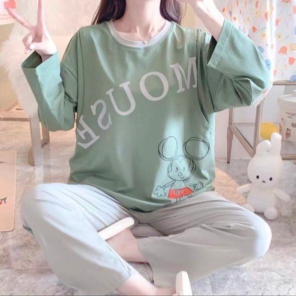 Bộ đồ bầu mặc nhà hình Chuột, Bộ bộ sau sinh chất cotton phong cách trẻ trung, năng động