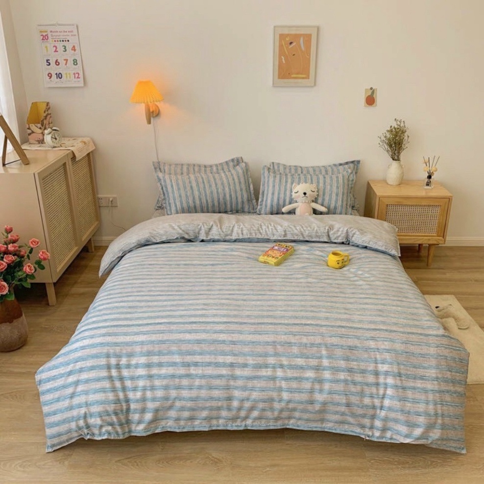Bộ chăn ga gối Cotton Poly Kẻ Hàn Quốc, vỏ chăn mền, drap gường và 2 vỏ gối