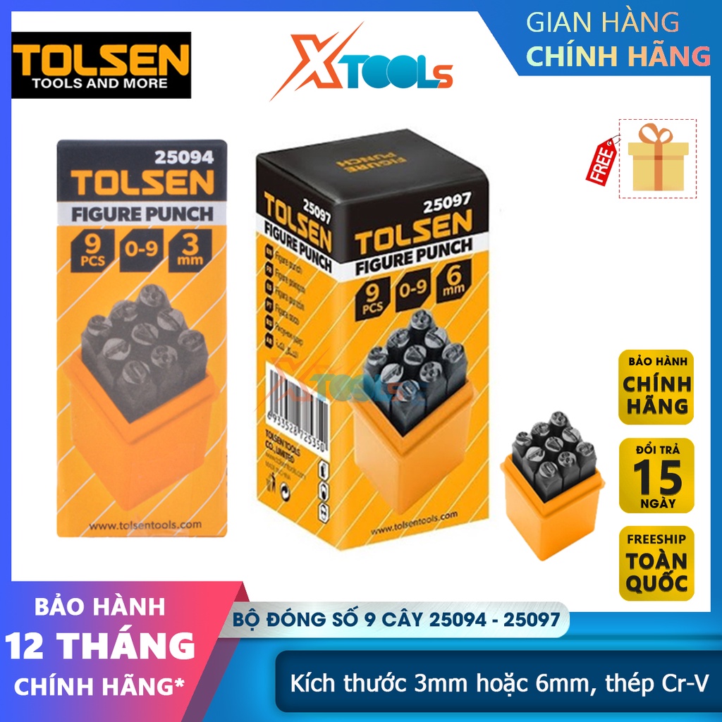 Bộ đóng số khung số máy Tolsen 3-6mm 9 chữ số, thép carbon không gỉ, độ sắc nét cao [CHÍNH HÃNG][XTOOLS]