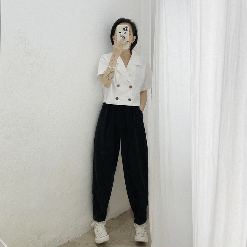 ÁO SƠ MI CROP CỔ VEST 4 NÚT
