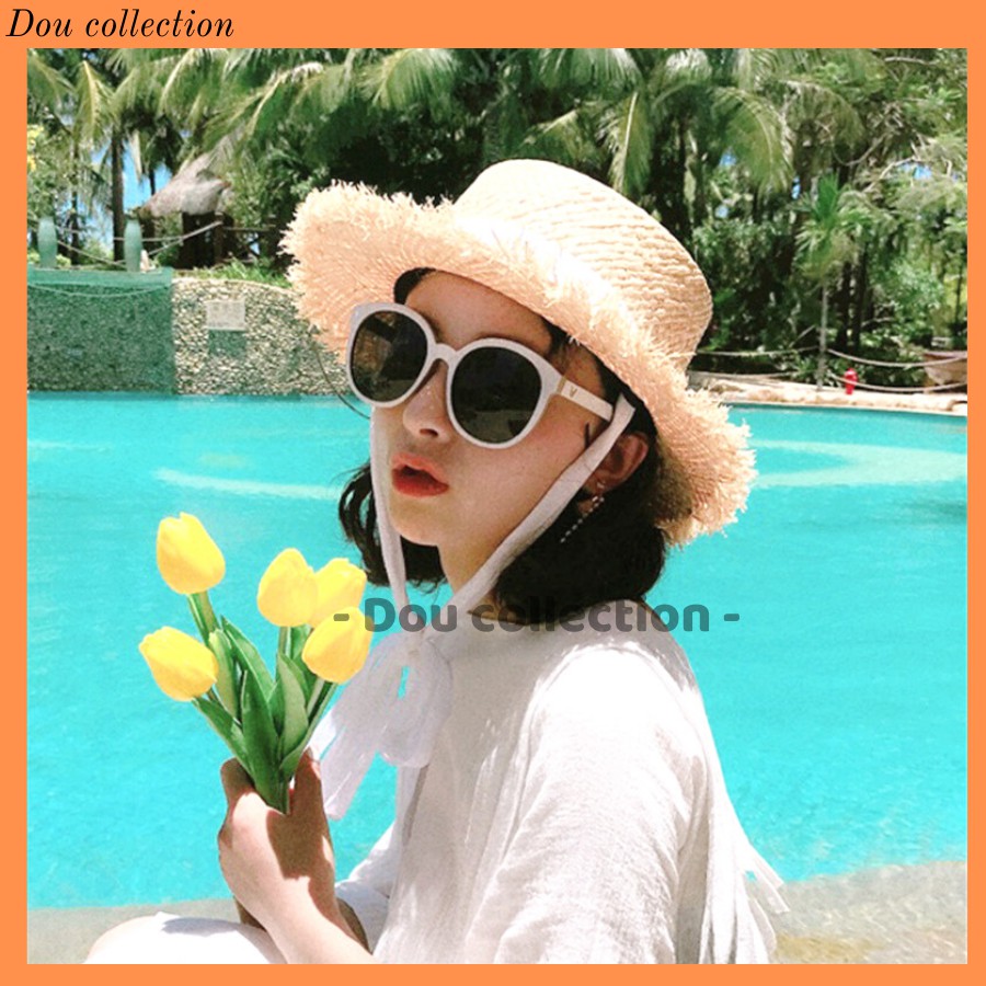 [NowShip2h] Nón Cói (Mũ Cói) Raffia Sợi Tự Nhiên Vành Tua Rua Phối Dây Nơ Đi Biển - Mã NC008