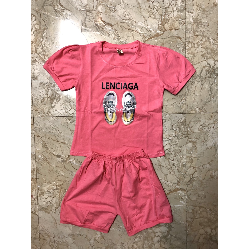Bộ đồ bé gái cộc tay vải cotton quần sooc hình đôi giày cho trẻ em. MÀU HỒNG/ HỒNG ĐẬM/ VÀNG