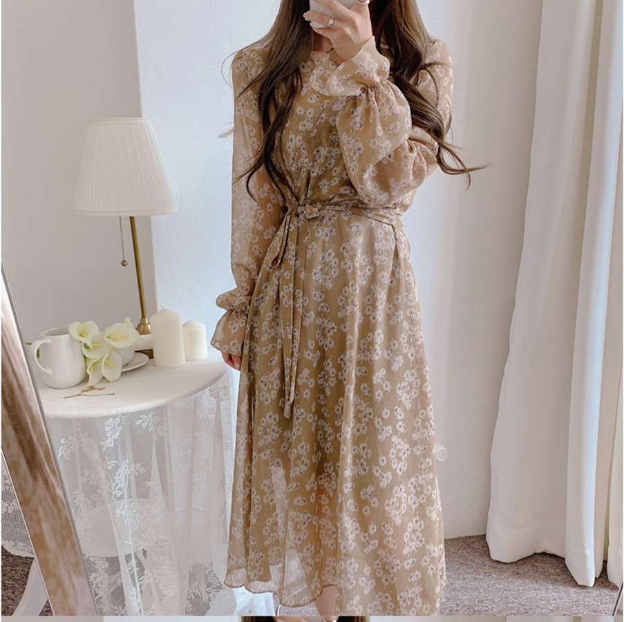 Đầm voan hoa SUXI tay dài cổ chữ v phong cách hàn quốc cho nữ