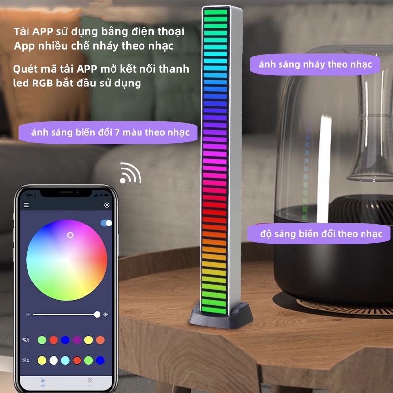 Thanh đèn LED RGB nháy theo nhạc trang trí decor 16 triệu màu cảm ứng âm thanh kèm cáp sạc usb đế miếng dán