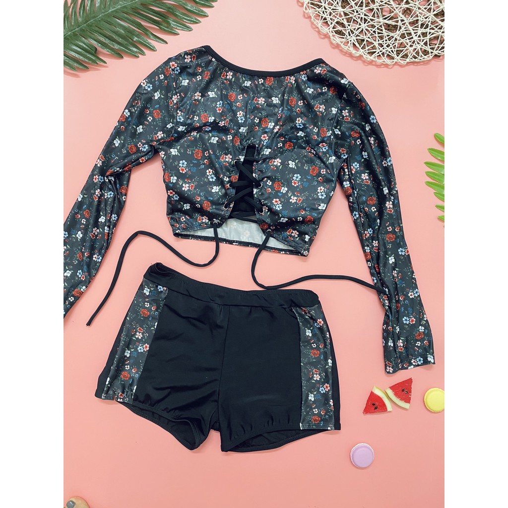 Bikini hai mảnh dài tay hoa lá quần đùi mặc đi biển đi bơi trung niên | BigBuy360 - bigbuy360.vn