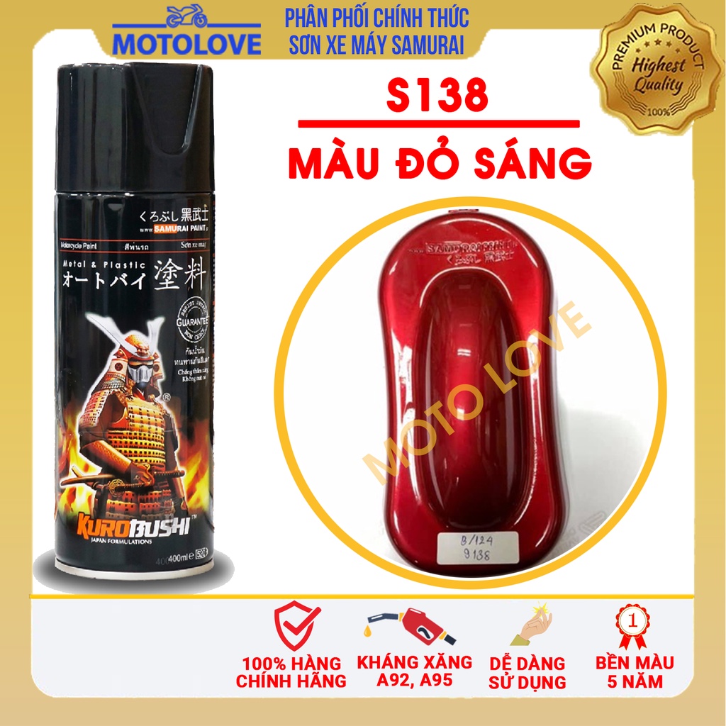 Sơn samurai đỏ sáng S138* - chai sơn xịt chuyên dụng nhập khẩu từ Malaysia.