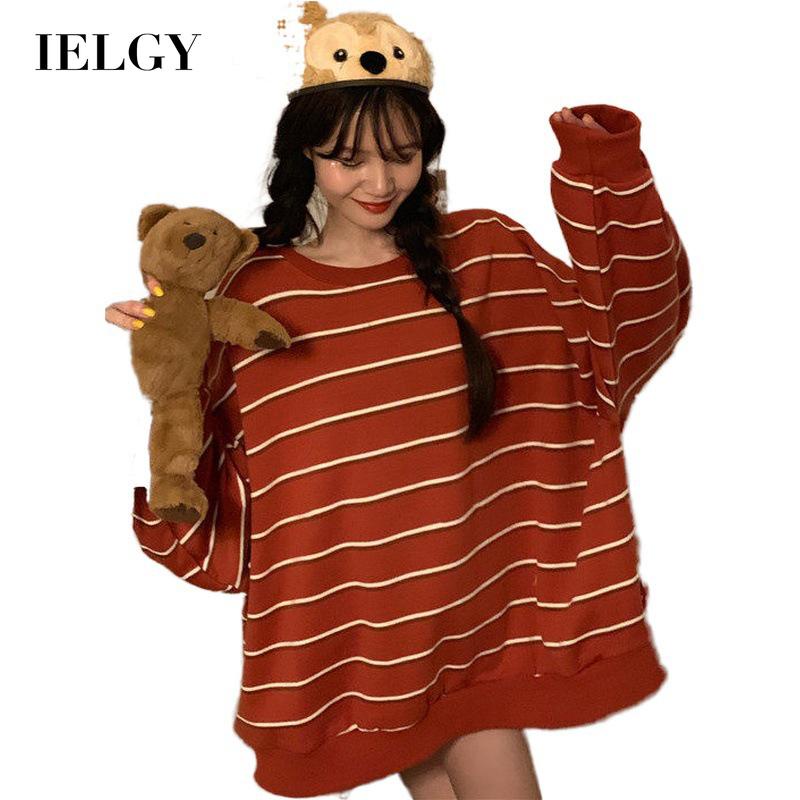 Áo sweater IELGY cổ tròn dáng rộng họa tiết kẻ sọc dễ phối đồ phong cách Harajuku thời trang Hàn Quốc cho nữ