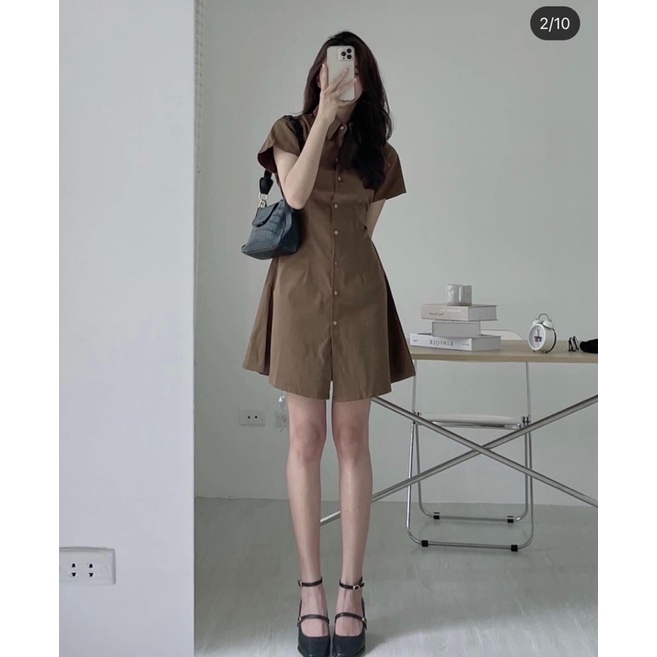 Váy sơ mi kaki chun sau có chiết eo