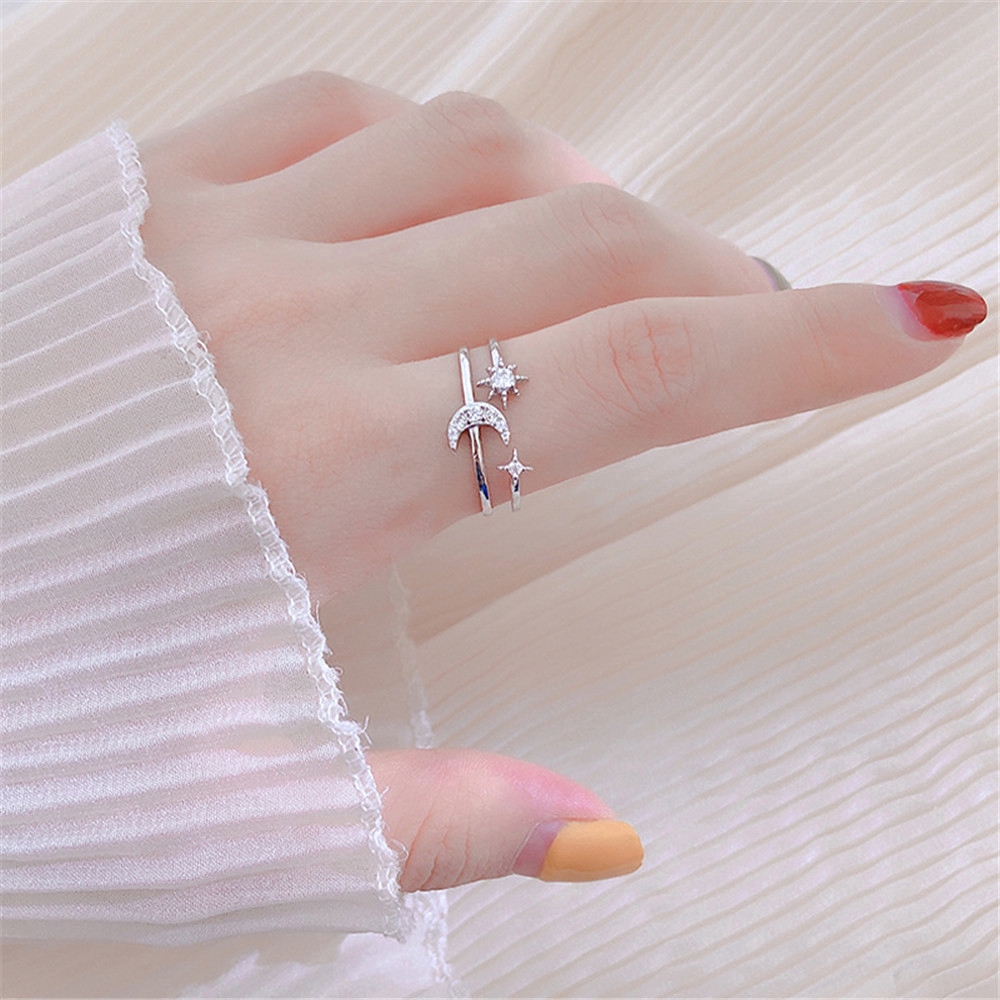 Nhẫn Mở Thiết Kế Nhiều Lớp Hình Ngôi Sao Và Mặt Trăng Phong Cách Hàn Quốc