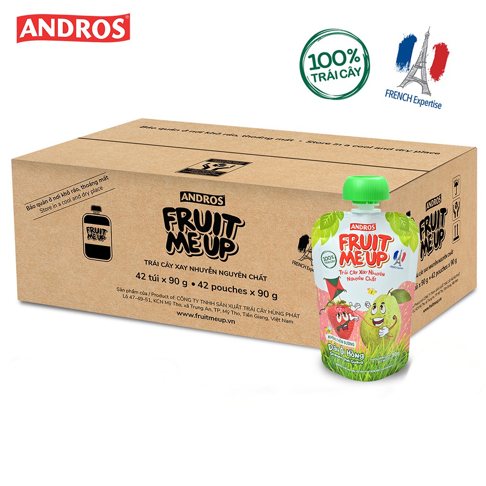 Thùng 40 Túi Trái Cây Xay Nhuyễn Vị Dâu Ổi Hồng - 100% trái cây thật - ANDROS FRUIT ME UP - 90gx40