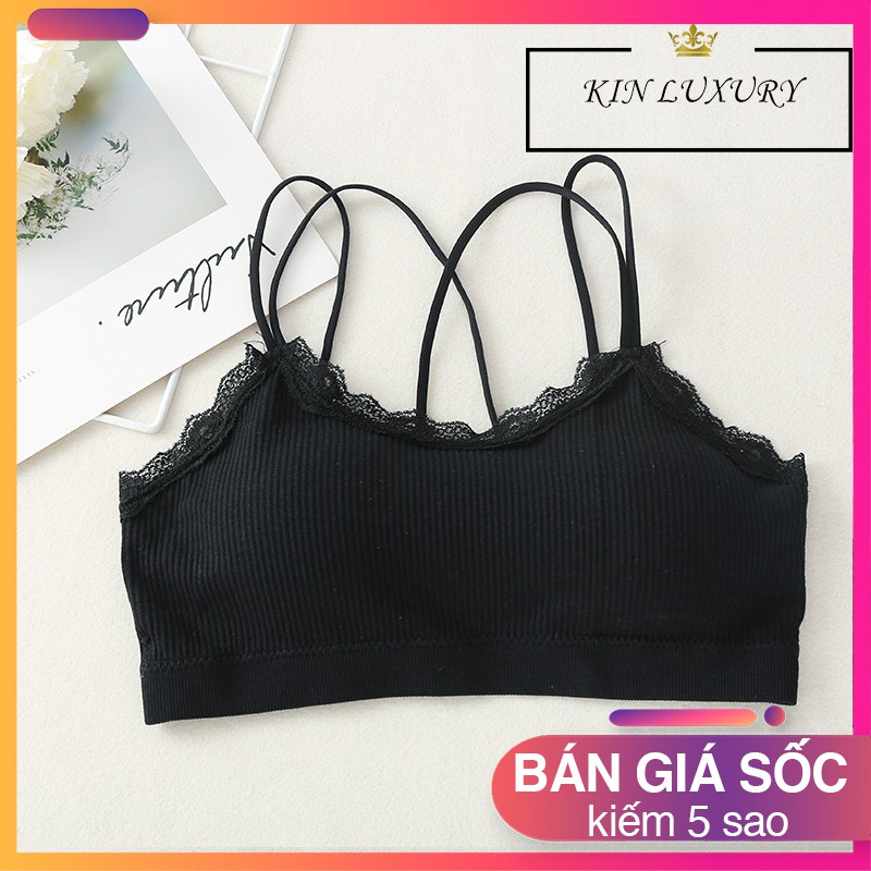 Áo bra nữ gân tăm phối ren hoa dây lưng đan chéo vải Cotton thoáng mát | BigBuy360 - bigbuy360.vn