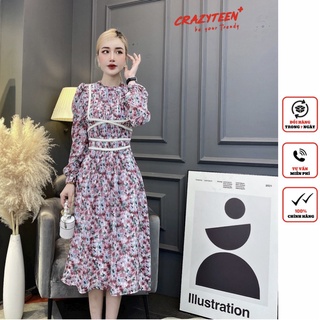 Đầm midi hoa nữ CRAZYTEEN tay dài cổ tròn xếp li phối ren trắng D0206
