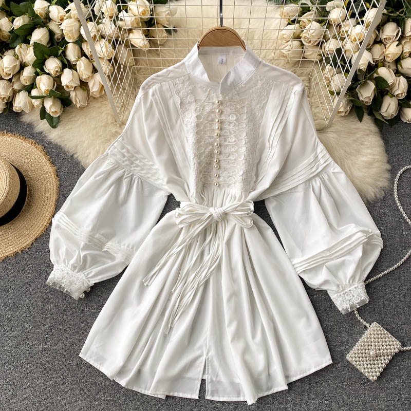 váy đầm suông thắt nơ rời phối ren đính ngọc tiểu thư ORDER