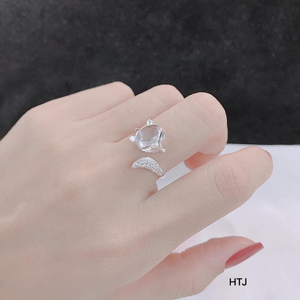 Nhẫn hồ ly hở đuôi gắn đá nhân tạo trắng nhỏ LINH MIU SILVER