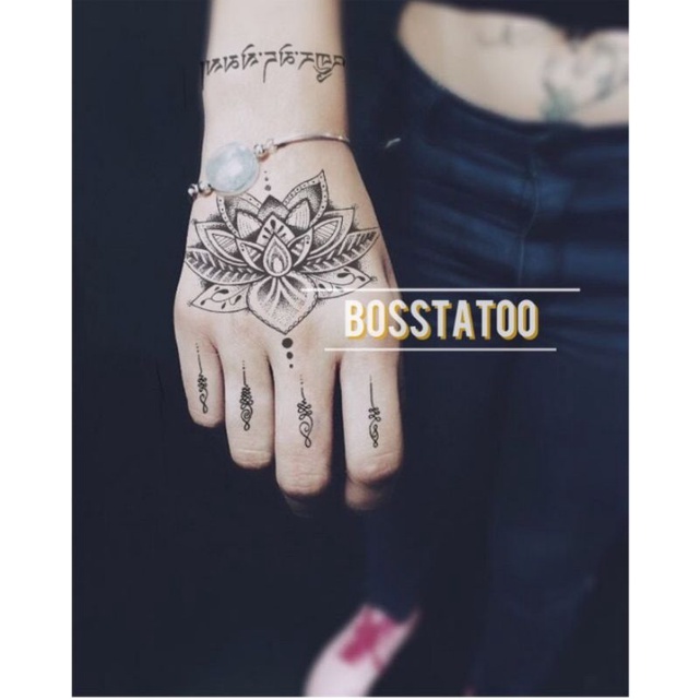 Hình xăm hoa sen style henna Ấn Độ MHT04 size bàn tay to &lt; 12x16cm. Boss tatoo - xăm dán tạm thời